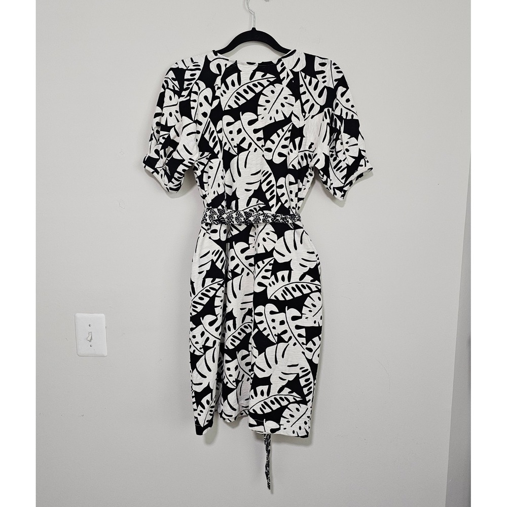 Boden Amanda Leaf Print Belted Cotton Jersey Dress 8 Petite Black White NWT - Picture 2 of 8